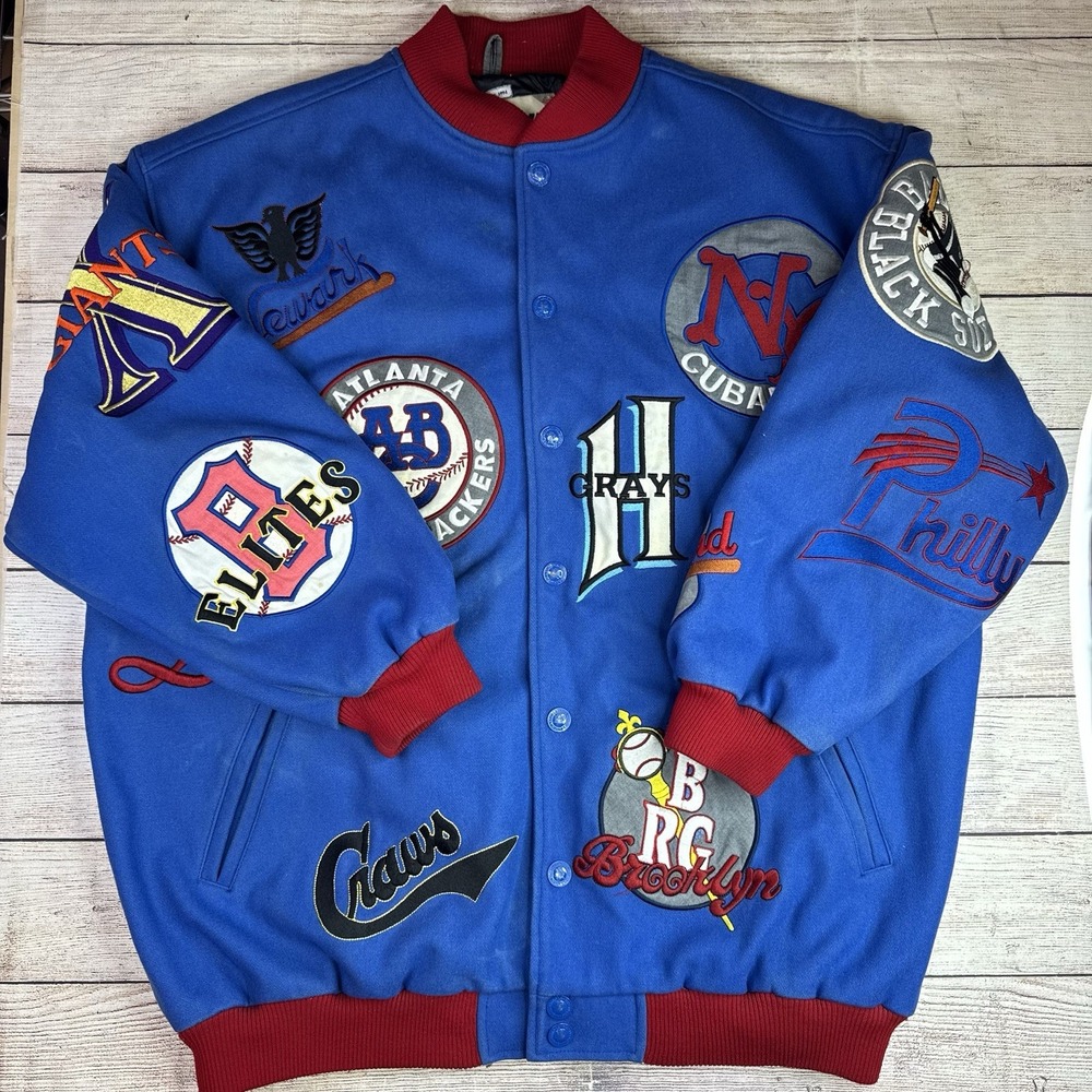 Vtg Headgear Negro League‎ Mens XXXL Blue Wool Jacket Team Patches Museum NLBM